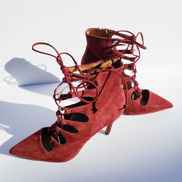Booties Rust Wine Suede Lace Up Cage Gladiator Heels Sz 9.5 BIANCA DI - Picture 1 of 10